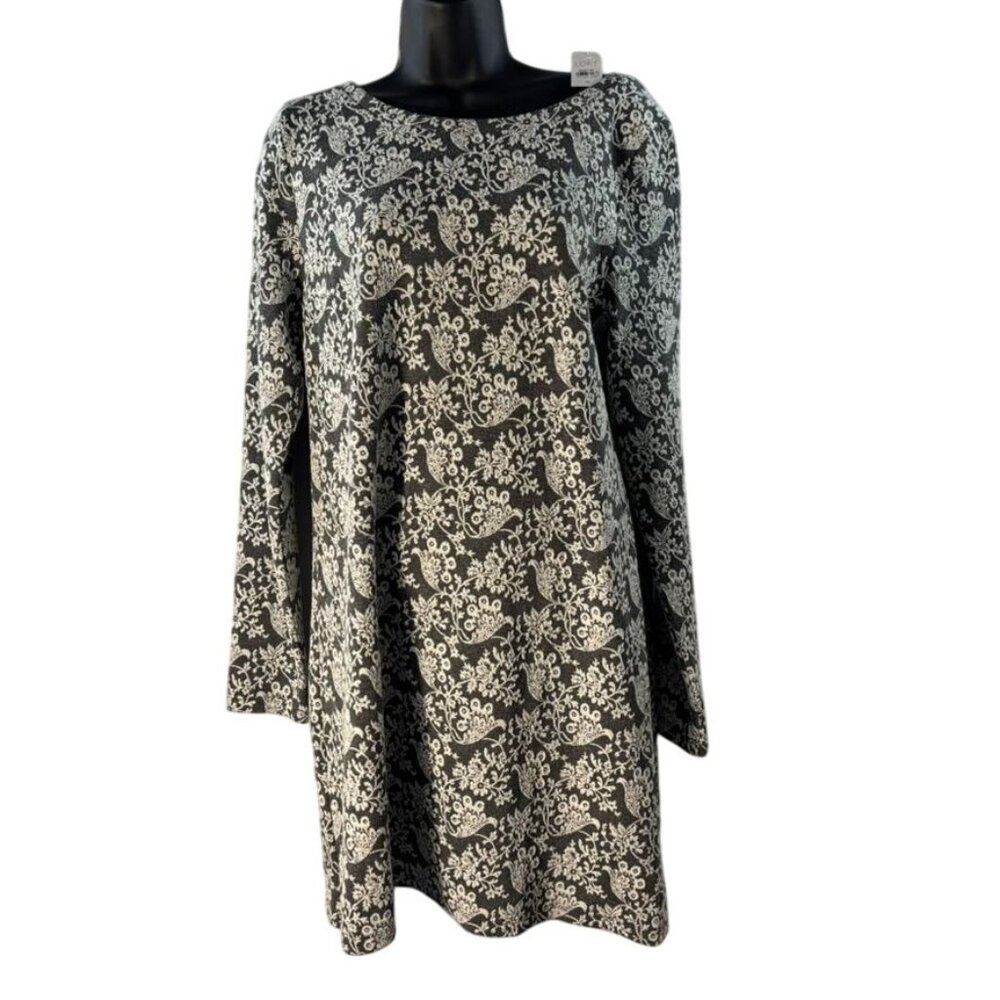 Loft Gray & White Floral Long-Sleeve Dress Size M With Back Zipper